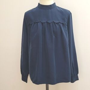 Crown & Ivy Navy Blue High Neck Blouse with Scallop Detail, Size Small